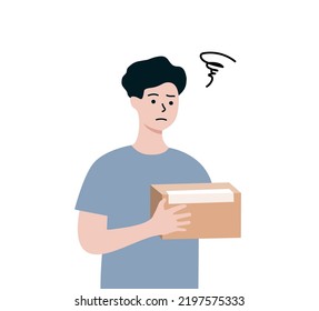 Confused man character receives wrong parcel. Customer hand holding package brought from online shop. Delivery service, couriers, transportation concept. Flat cartoon isolated vector illustration