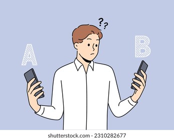 Confused man choose between different cellphones models. Frustrated male compare smartphone a and b. Technology and device comparison. Vector illustration. 