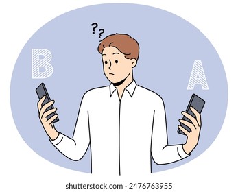 Hombre confundido elegir entre diferentes modelos de teléfonos celulares. Frustrado masculino comparar smartphone a y b. Tecnología y comparación de dispositivos. Ilustración vectorial.