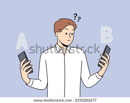 Confused man choose between different cellphones models. Frustrated male compare smartphone a and b. Technology and device comparison. Vector illustration. 