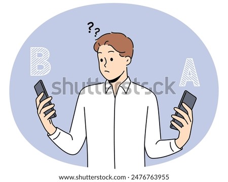 Confused man choose between different cellphones models. Frustrated male compare smartphone a and b. Technology and device comparison. Vector illustration.