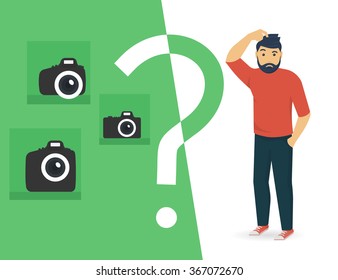 Confused man is choosing between compact, semi professional and professional slr camera. Flat illustration of male character standing full length with question sign. Isolated on white