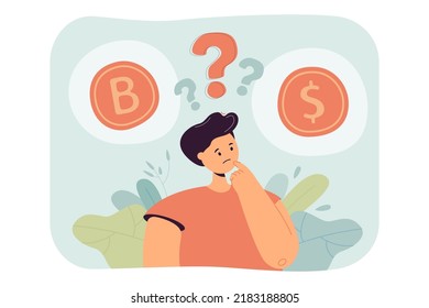 Confused man choosing between dollar and cryptocurrency. Male character thinking of different currencies flat vector illustration. Finances, digital money concept for banner or landing web page