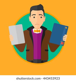 Confused man choosing between a tablet computer and a paper book. Man holding book in one hand and tablet computer in the other. Vector flat design illustration in the circle isolated on background.