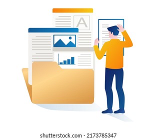 Confused man choosing data in folder