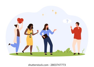Confused man choosing relationship priority between diverse women offering love, party lifestyle and career success, concept of dating choice, partner selection isolated vector illustration