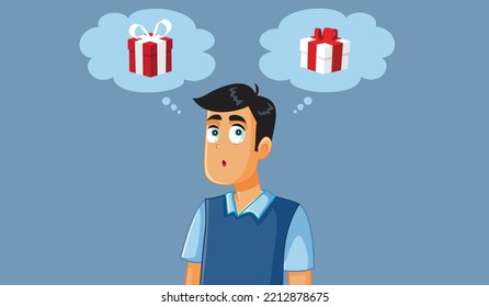 
Confused Man Choosing the Right Present Vector Cartoon Illustration. Funny boyfriend thinking what gift to buy considering alternatives
