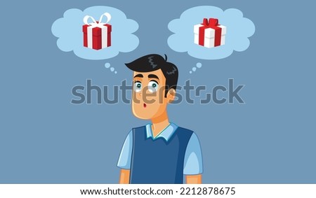
Confused Man Choosing the Right Present Vector Cartoon Illustration. Funny boyfriend thinking what gift to buy considering alternatives
