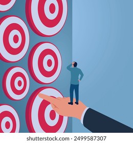A confused man choosing a target assisted by a pointing hand, an illustration of business support.