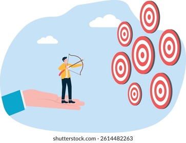 A confused man choosing a target assisted by a pointing hand, an illustration of business support.

