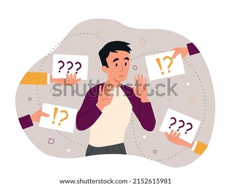 Confused man concept. Character next to question marks. Mental impasse and uncertainty, frustration. Guy does not know answer to question, person search solution. Cartoon flat vector illustration