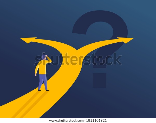Confused man at crossroads before important choice
(correct option choosing) - vector illustration for making an
important decision or political
voting