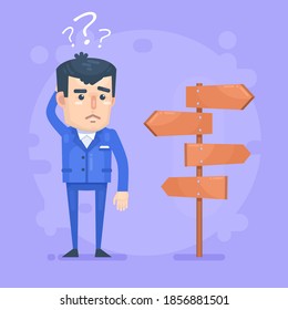 Confused man at crossroads think, future plans, select path. Modern vector illustration