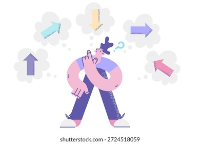 Homem confuso com diversas setas de direção acima da cabeça se sente duvidoso inseguro tomando decisões. Homem frustrado tem dilema resolver problema de negócios encontrar solução. Ilustração de vetor plano.