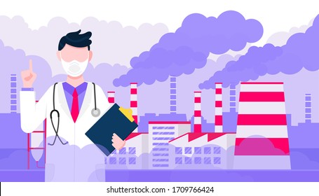 Confused man doctor in mask against smog. Fine dust, air pollution, industrial smog protection concept flat style design vector illustration. Industrial factory pipes with huge clouds of smoke behind.