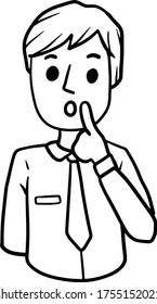 Confused man. Doubts and gesture finger at hands. Emotions of hesitation, suspicion and mistrust. Hand-drawn embarrassed businessman. Boy in shirt. Guy and question