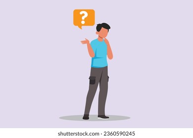 Confused man in doubts and thoughts concept. Colored flat vector illustration isolated. 