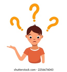 Confused man face. Simple flat vector illustration of question dilemma problem concept, isolated on white cartoon character, business asking analysis mark.