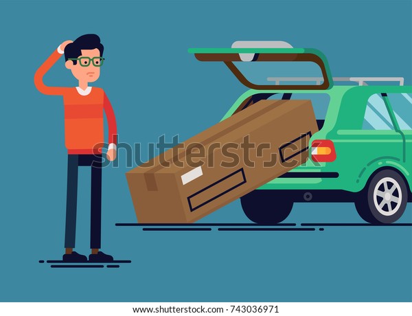 Confused man failed to\
load large box into car trunk. Vector flat character design on\
discouraged individual with oversized box that does not fit into\
his station wagon\
trunk