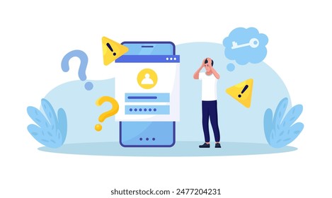 Hombre confundido olvidando su Contraseña por página de Web. Asistencia al usuario y servicios de Restablecer de Contraseña. Persona que olvidó sus datos personales cuando quiso ser Iniciar sesión. Autorización y Identificación