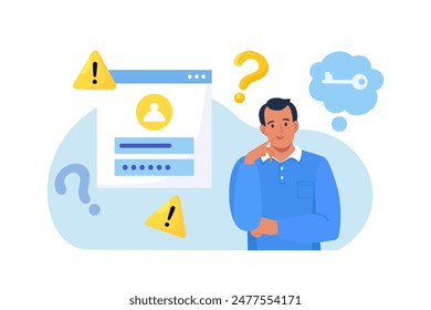 Hombre confundido olvidando su Contraseña por página de Web. Asistencia al usuario y servicios de Restablecer de Contraseña. Persona que olvidó sus datos personales cuando quiso ser Iniciar sesión. Autorización y Identificación