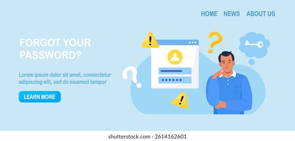 Confused man forgetting her password for web page. User assistance and password reset services. Person who forgot his personal data when he wanted to log in. Authorization and identification