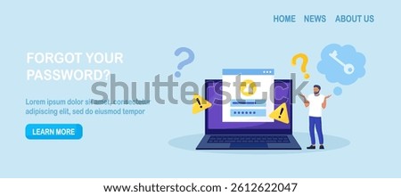 Confused man forgetting her password for web page. User assistance and password reset services. Person who forgot his personal data when he wanted to log in. Authorization and identification