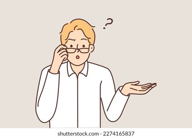 Confused man in glasses looking for answer or problem solution. Stunned male feel astonished and frustrated have dilemma. Vector illustration. 