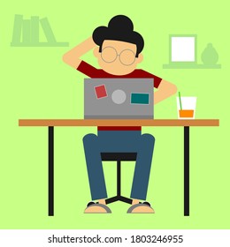confused man with glasses working on laptop illustration