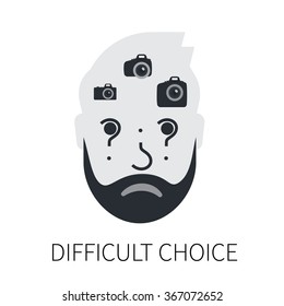 Confused man head is choosing between compact, semi professional and professional slr camera. Flat illustration of male head with question sign. Isolated on white