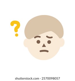 Confused man head with question mark. Facial expression, feeling, trouble, solution concepts. Flat character vector design isolated illustration.