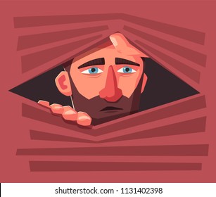 Confused man hide. Frightened person. Character design. Cartoon vector illustration