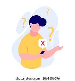 confused man holding phone with question mark and cross bubble, vector illustration