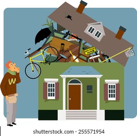 Confused man holding a small box, looking at a house overflown with his belongings, vector illustration