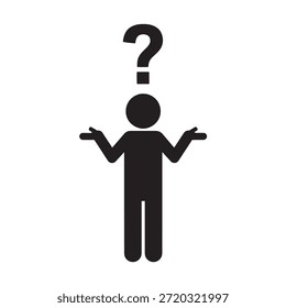 Icono de hombre confundido con signo de interrogación - Silueta humana encogiéndose de hombros y preguntándose, Ilustración vectorial conceptual de resolución de problemas aislada en blanco.