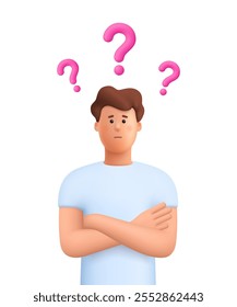 Confused man James standing with crossed arms pose with red question mark, thinking of a solution. Choice, problem solving concept. 3d vector people character. Cartoon minimal style.