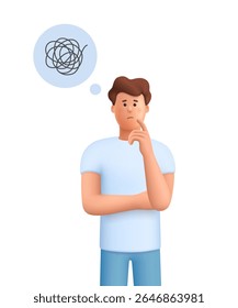 James homem confuso pensando com balão de fala com pensamentos emaranhados. Tomada de decisão, dúvida, bloqueios mentais e conceito de resolução de problemas. personagem de pessoas vetoriais 3d. Estilo mínimo de desenho animado.