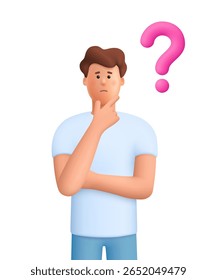 O homem confuso James pensando em uma pose pensativa com ponto de interrogação. Escolha, conceito de solução de problemas. personagem de pessoas vetoriais 3d. Estilo mínimo de desenho animado.