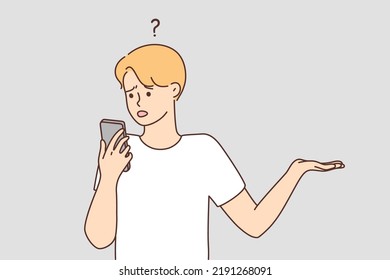 Confused man look at cellphone screen frustrated by problem or mistake. Frustrated male shocked stunned by notification on smartphone. Vector illustration. 