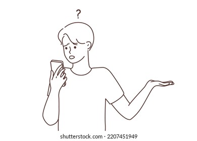Confused man look at cellphone screen frustrated by problem or mistake. Frustrated male shocked stunned by notification on smartphone. Vector illustration. 