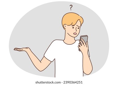 Confused man look at cellphone screen frustrated by problem or mistake. Frustrated male shocked stunned by notification on smartphone. Vector illustration.