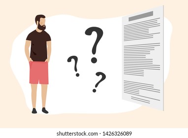 Confused Man Looking At Check List Question Mark Think Problem Solution Flat Vector Illustration