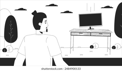 Hombre confundido mirando el escritorio de la computadora que aparece en el parque de la ilustración de línea en blanco y negro. Personaje de dibujos animados masculino dudoso aislado en blanco. Escena monocroma de situación surrealista con contorno de Vector