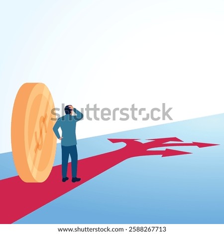A confused man looking at a forked road with money. Illustration for financial management, financial planning and arrangement.