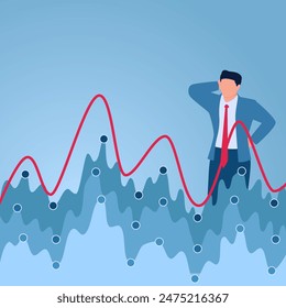 Ein verwirrter Mann schaut auf ein Kursdiagramm, das Höhen und Tiefen zeigt, ein Beispiel für Volatilität.