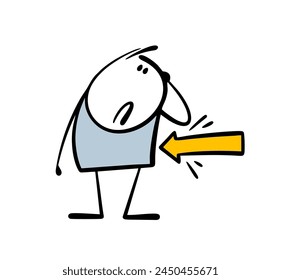 Confused man looks at the yellow arrow. Vector illustration attracting attention, determining the direction. A disgruntled stickman. Isolated doodle stick figure character on white background.