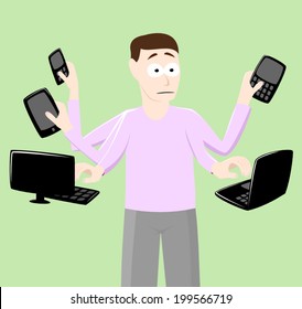 Confused Man With Many Electronic Devices Around Him