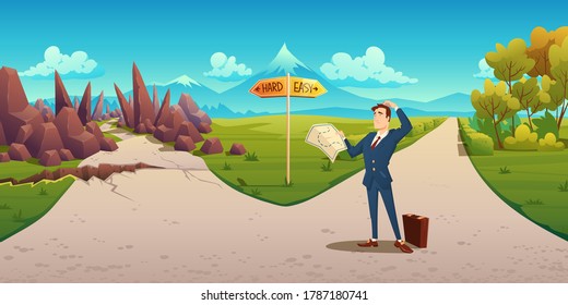 Confused man with map makes choice between hard and easy way. Vector cartoon landscape with businessman on road with direction sign, curvy path with rocks and simple straight road