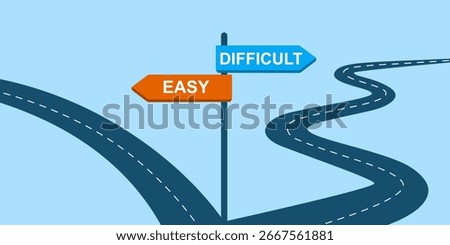 Confused man with map makes choice between hard and easy way. Vector cartoon landscape with businessman on road with direction sign,