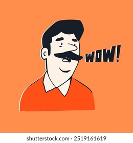 Confused Man with moustache. Affected person. Wow text. Facial expression, human emotion concept. Cartoon comic style. Cute funny character. Hand drawn Vector illustration. Avatar, print template